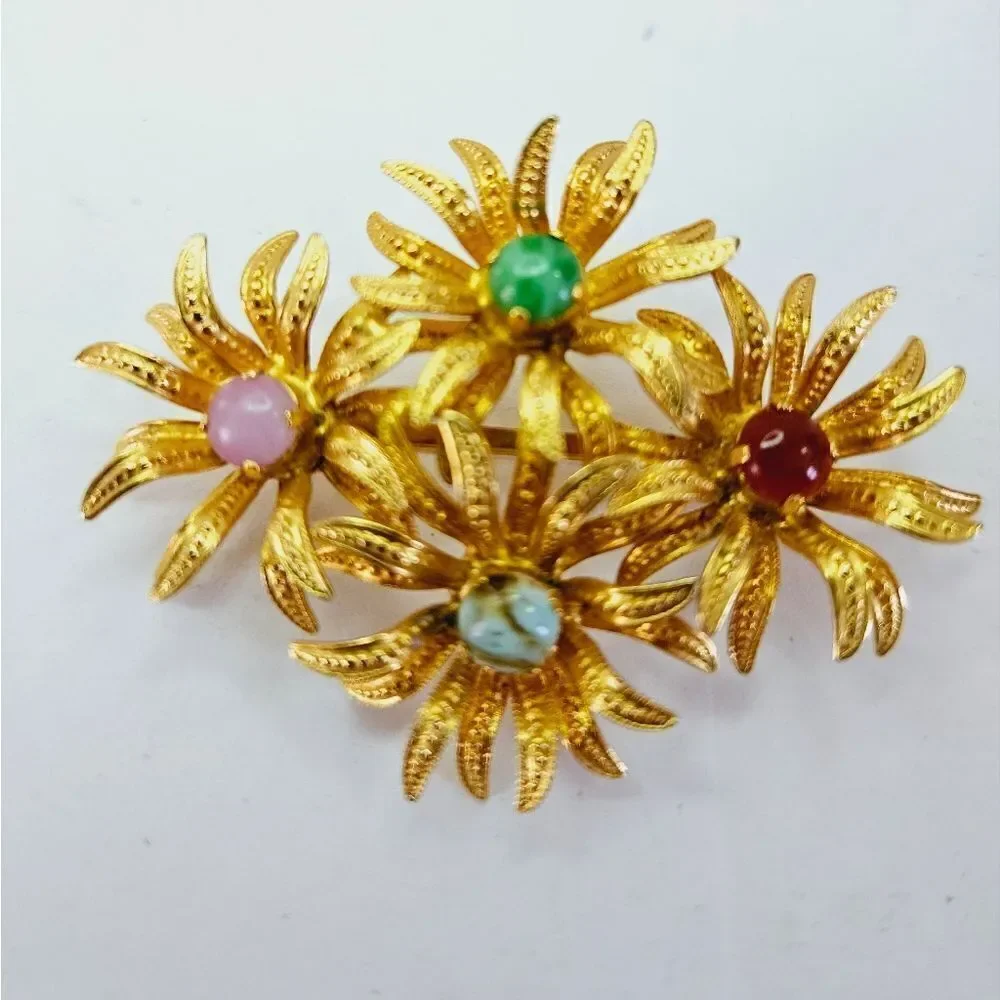 Vintage Signed Austria Gold Tone Prong Set Rhinestone Cabochon Floral Brooch Pin